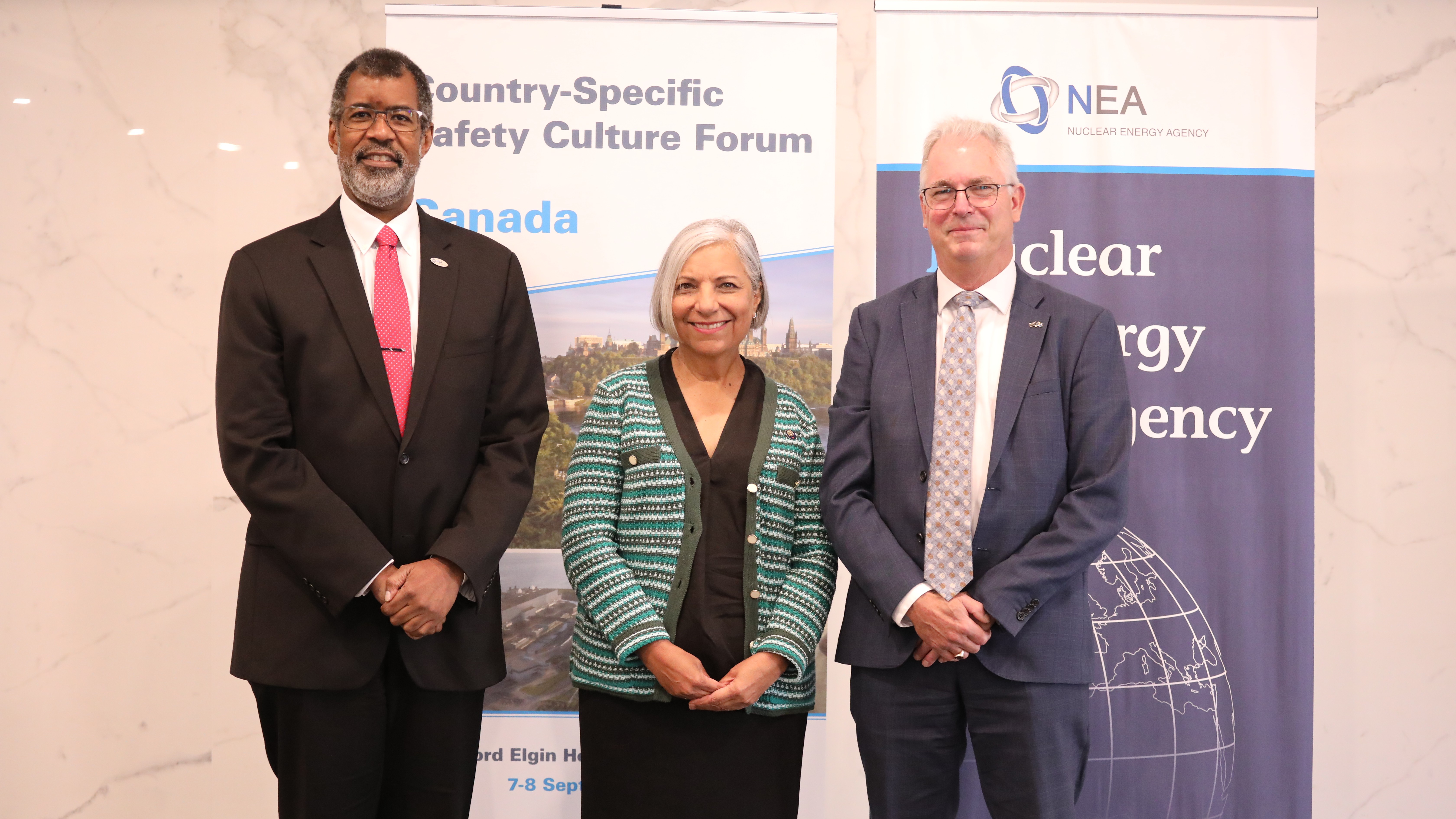 (Left to right) NEA Director-General William D. Magwood, IV, CNSC President Rumina Velshia and WANO CEO, Ingemar Engvist.