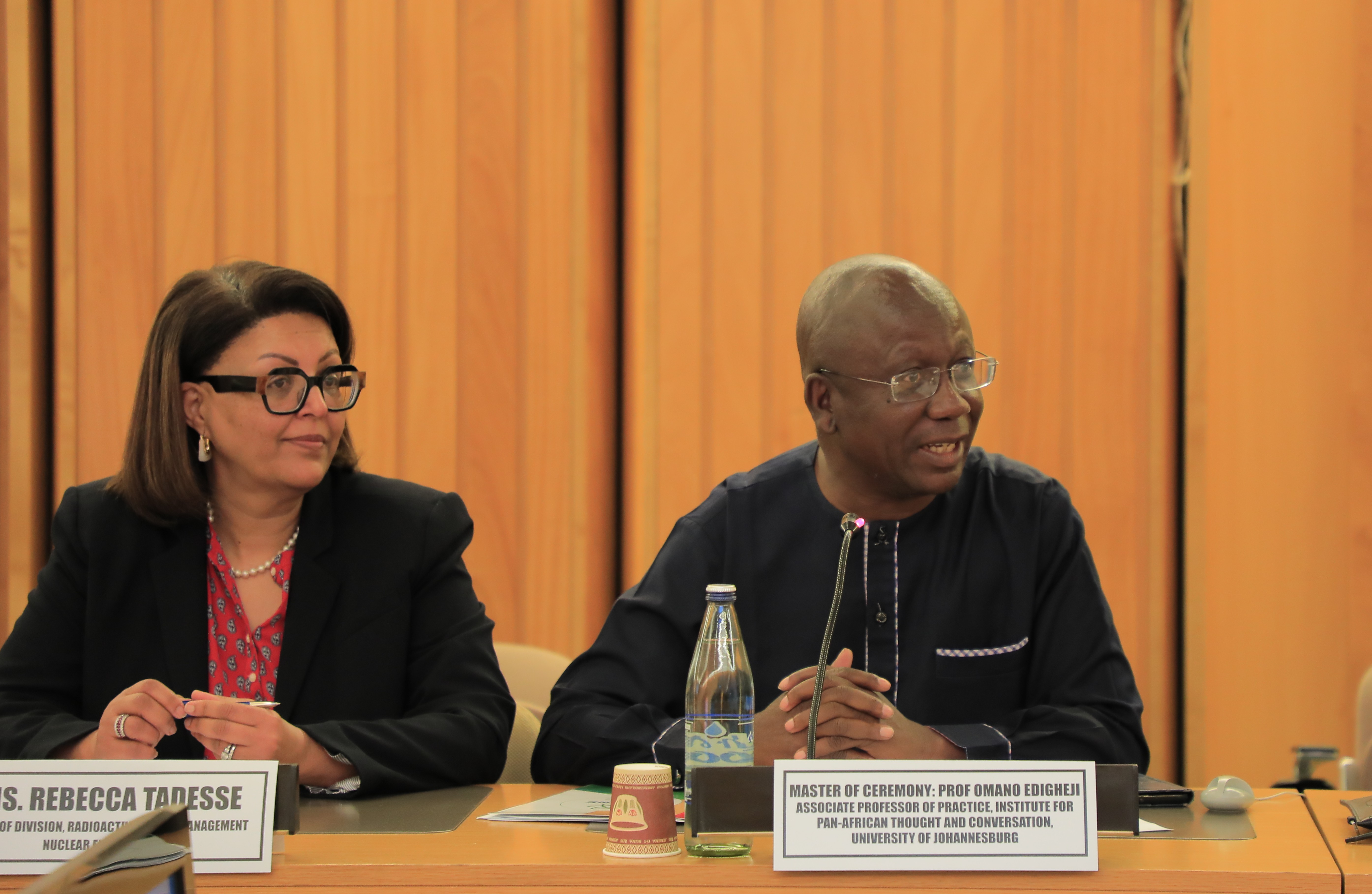 Head of the NEA Division of Radioactive Waste Management and Decommissioning, Rebecca Tadesse (left) and Professor Omano Edigheji, Associate Professor of Practice at the Institute for Pan-African Thought and Conversation, University of Johannesburg